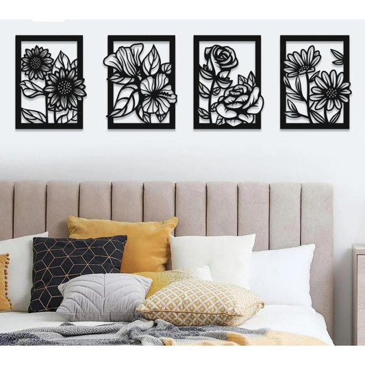 4-Piece MDF Wood Flowers in Frame Wall Hanging – Elegant Decorative Wall Art OYE HOYE BAZAR