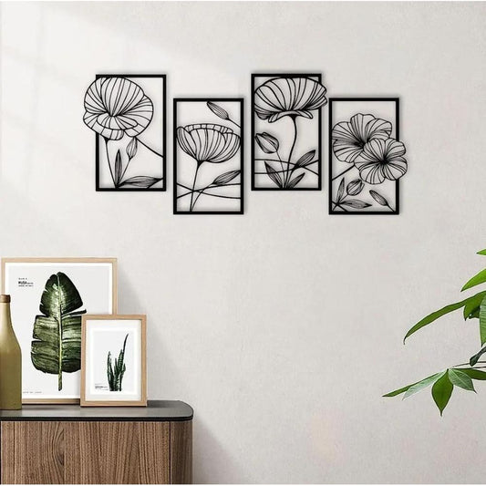 4-Piece MDF Wood Flowers in Frame Wall Hanging – Elegant Decorative Wall Art OYE HOYE BAZAR